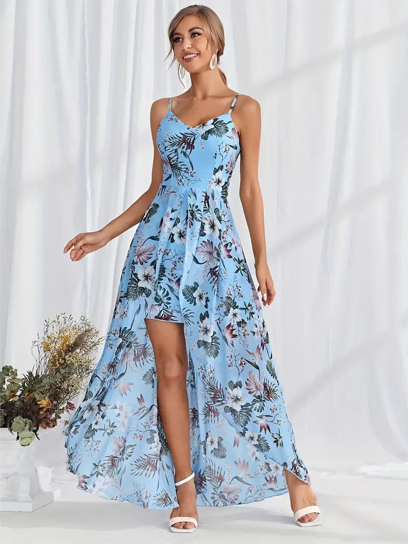 Elegante maxi feestjurk met spaghettibandjes en bloemenprint