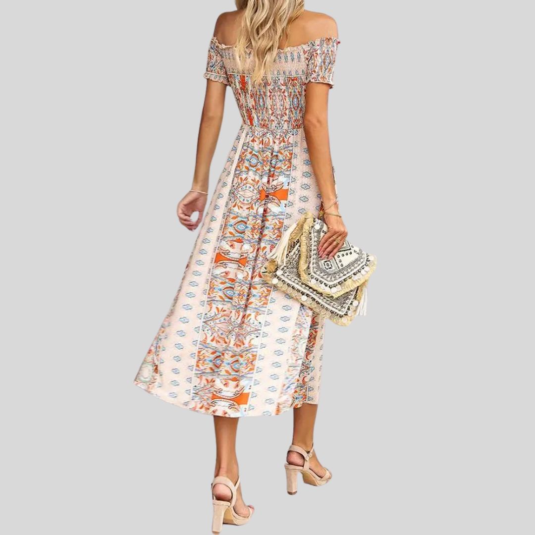 Off-the-shoulder boho maxi jurk met ruches bovenaan