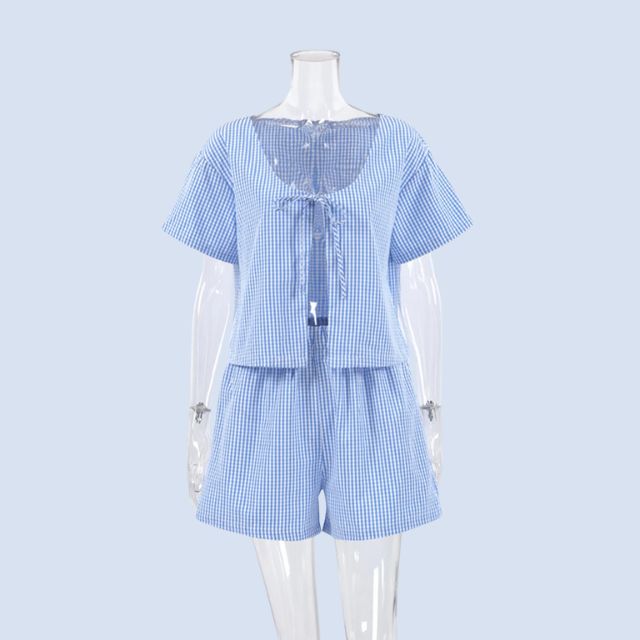 Gingham romper met keyhole hals en strikdetail