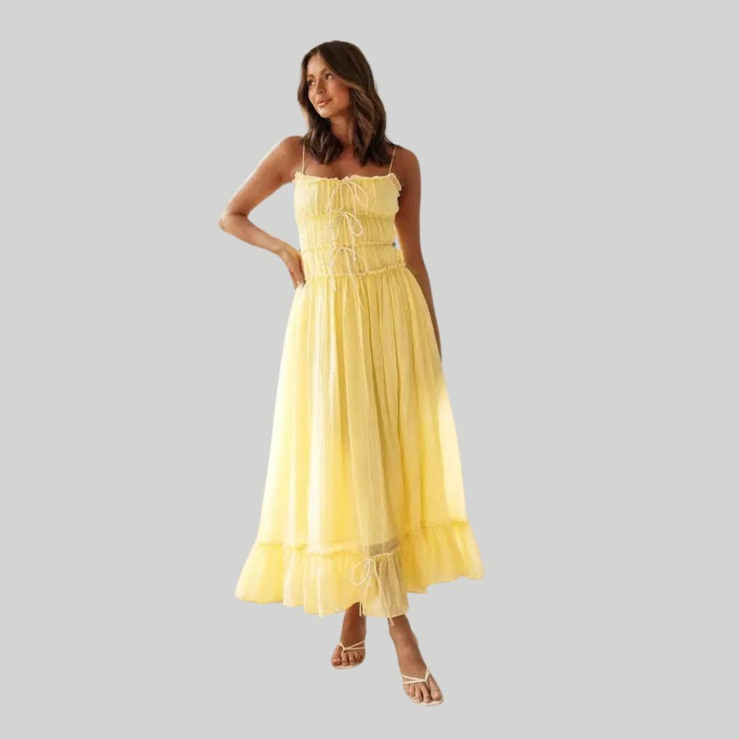 Maxi-jurk met ruches bovenaan en franje onderaan