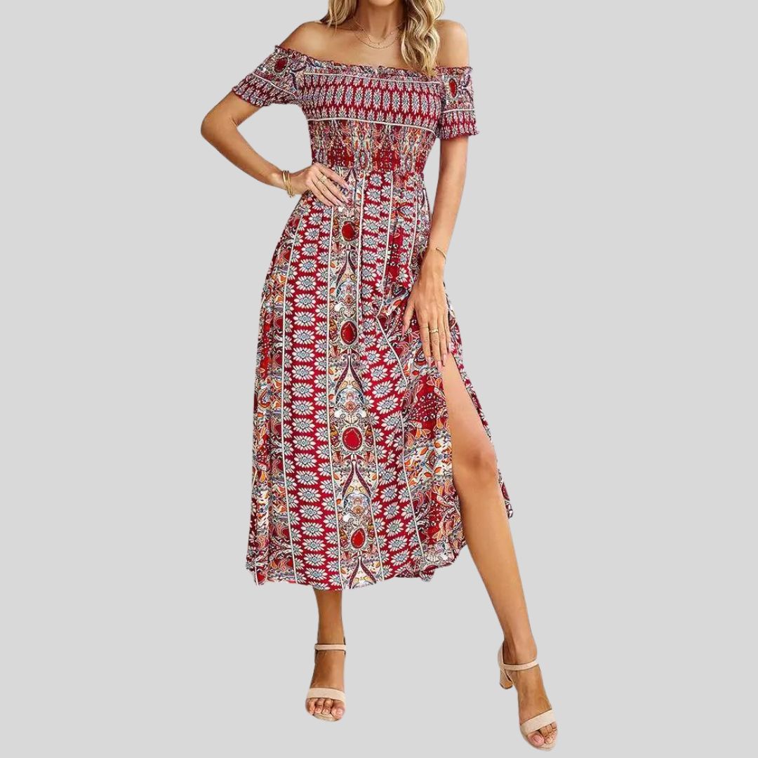 Off-the-shoulder boho maxi jurk met ruches bovenaan