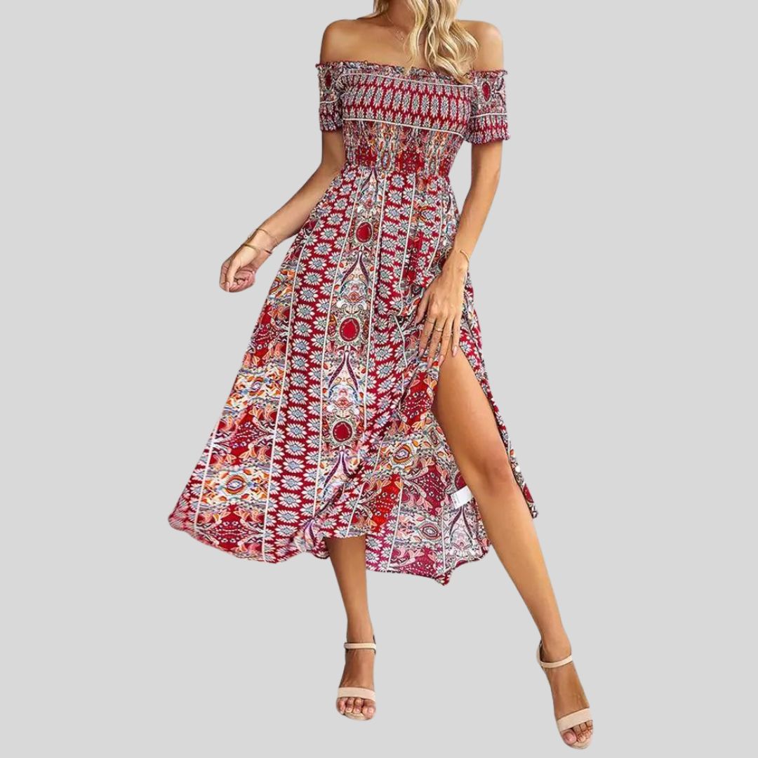 Off-the-shoulder boho maxi jurk met ruches bovenaan