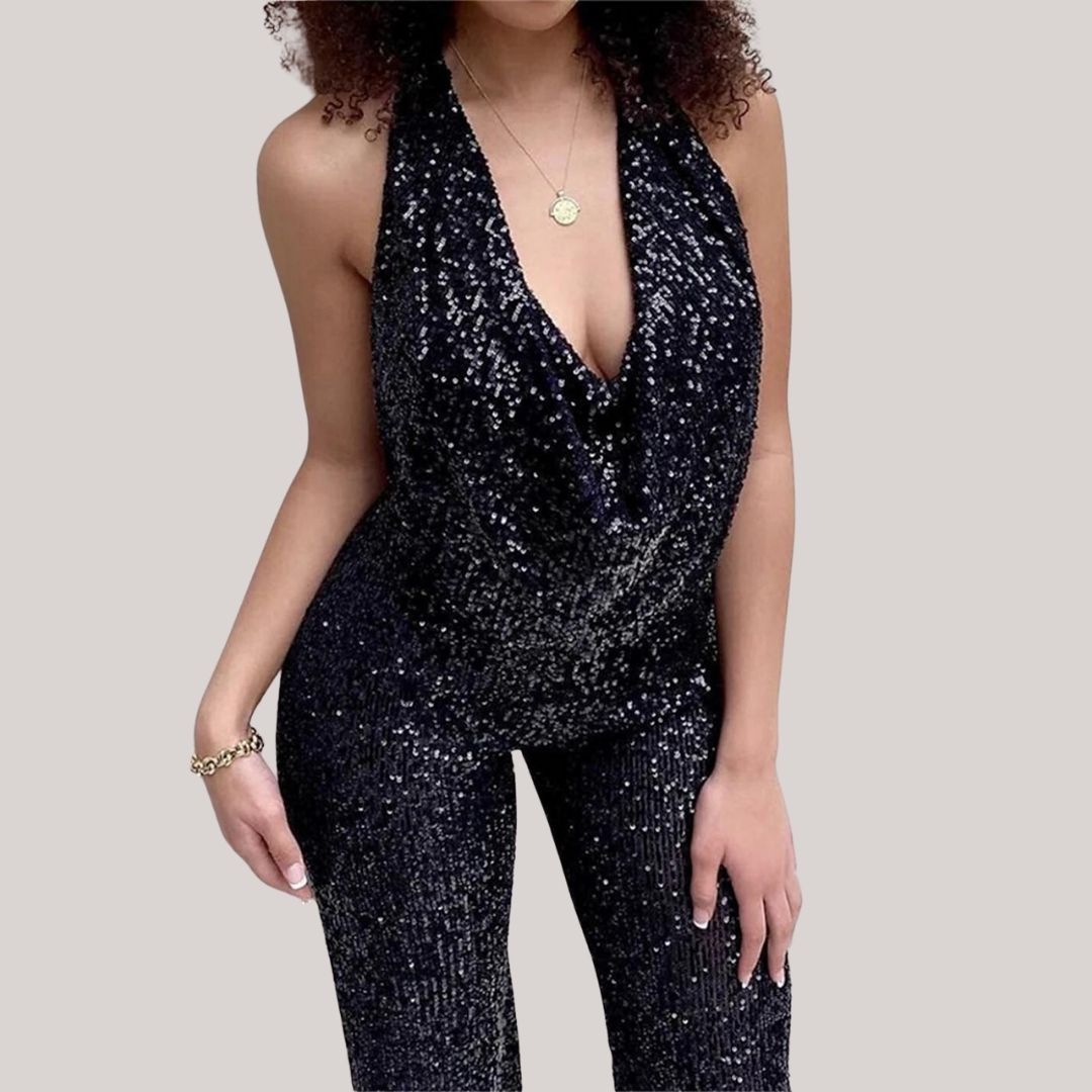 Elegante glitter jumpsuit met halslijn
