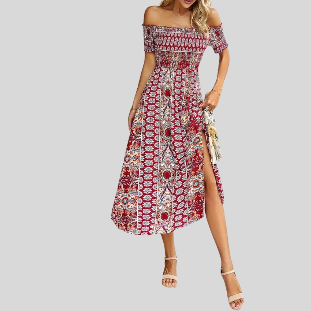 Off-the-shoulder boho maxi jurk met ruches bovenaan