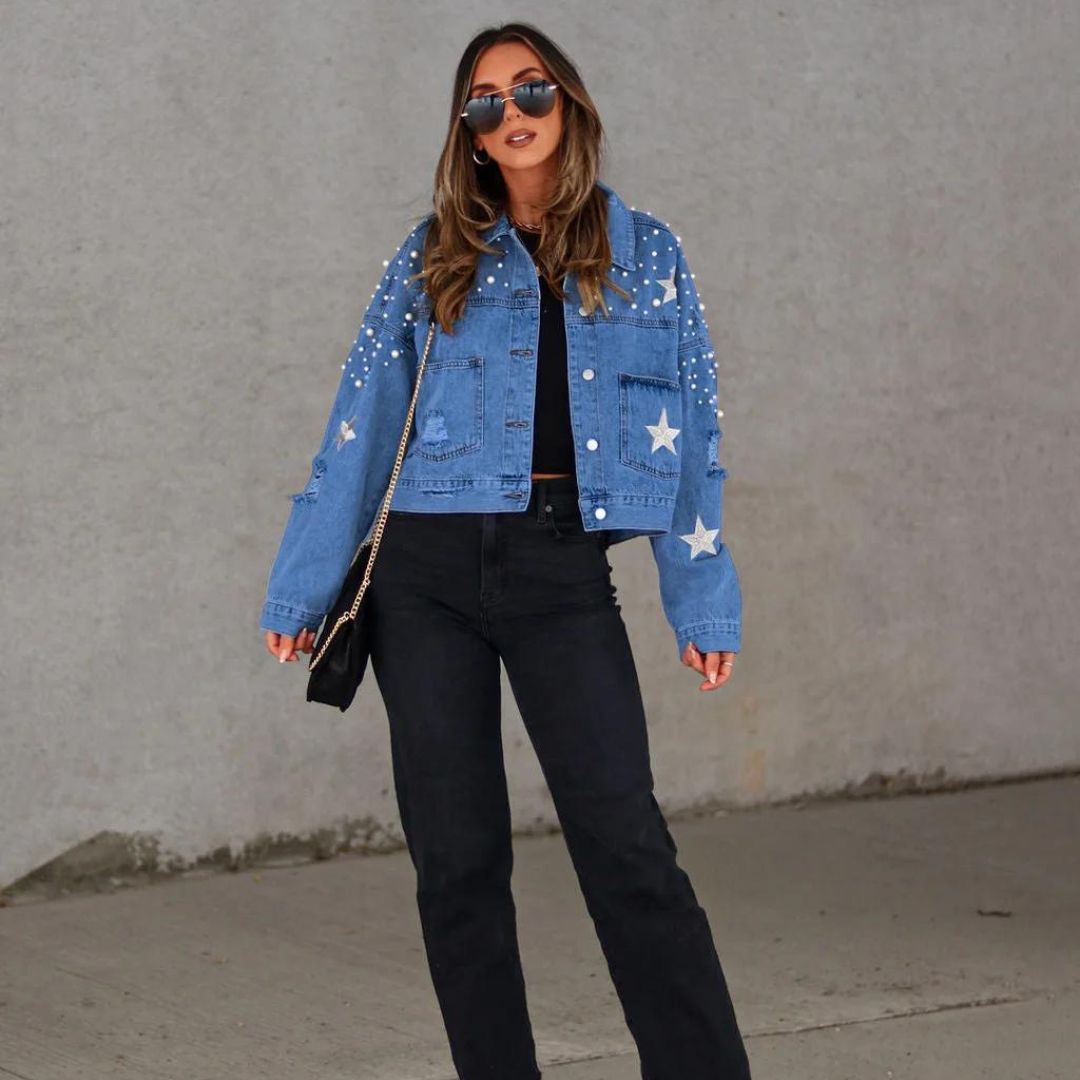 Denim jack met parelversiering en steraccenten
