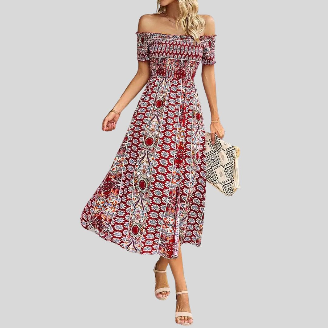 Off-the-shoulder boho maxi jurk met ruches bovenaan
