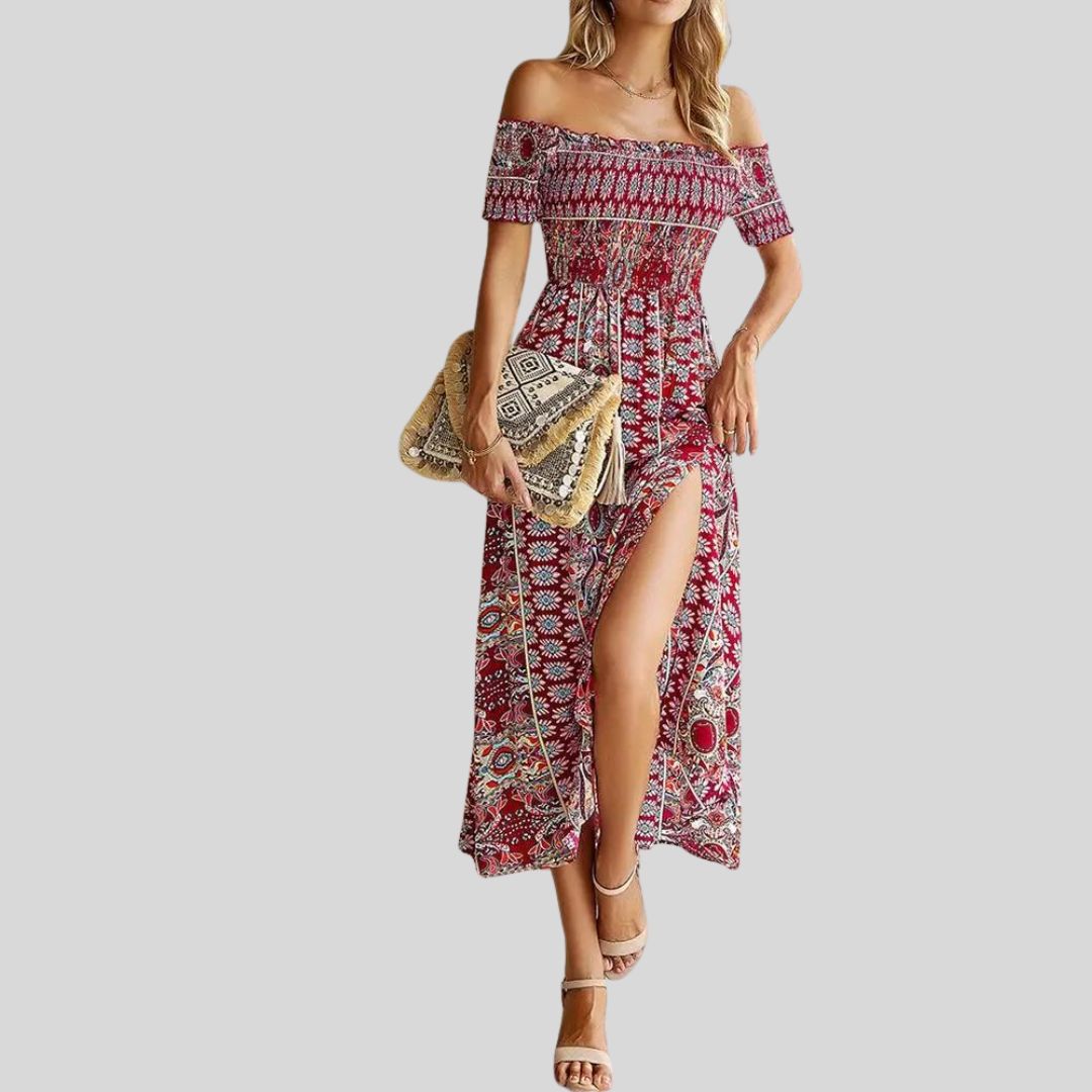 Off-the-shoulder boho maxi jurk met ruches bovenaan