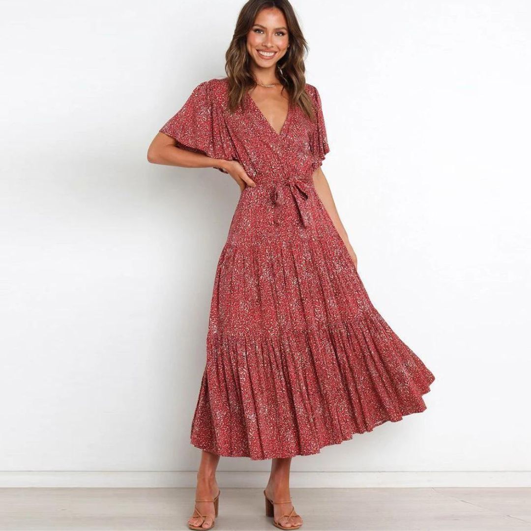 Gebloemde wikkeljurk in midilengte met fladdermouwen