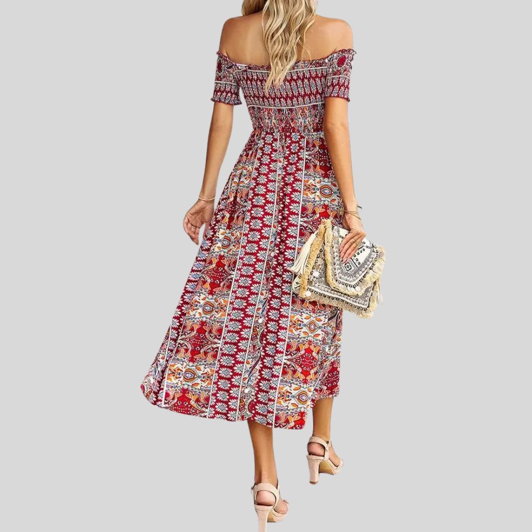 Off-the-shoulder boho maxi jurk met ruches bovenaan