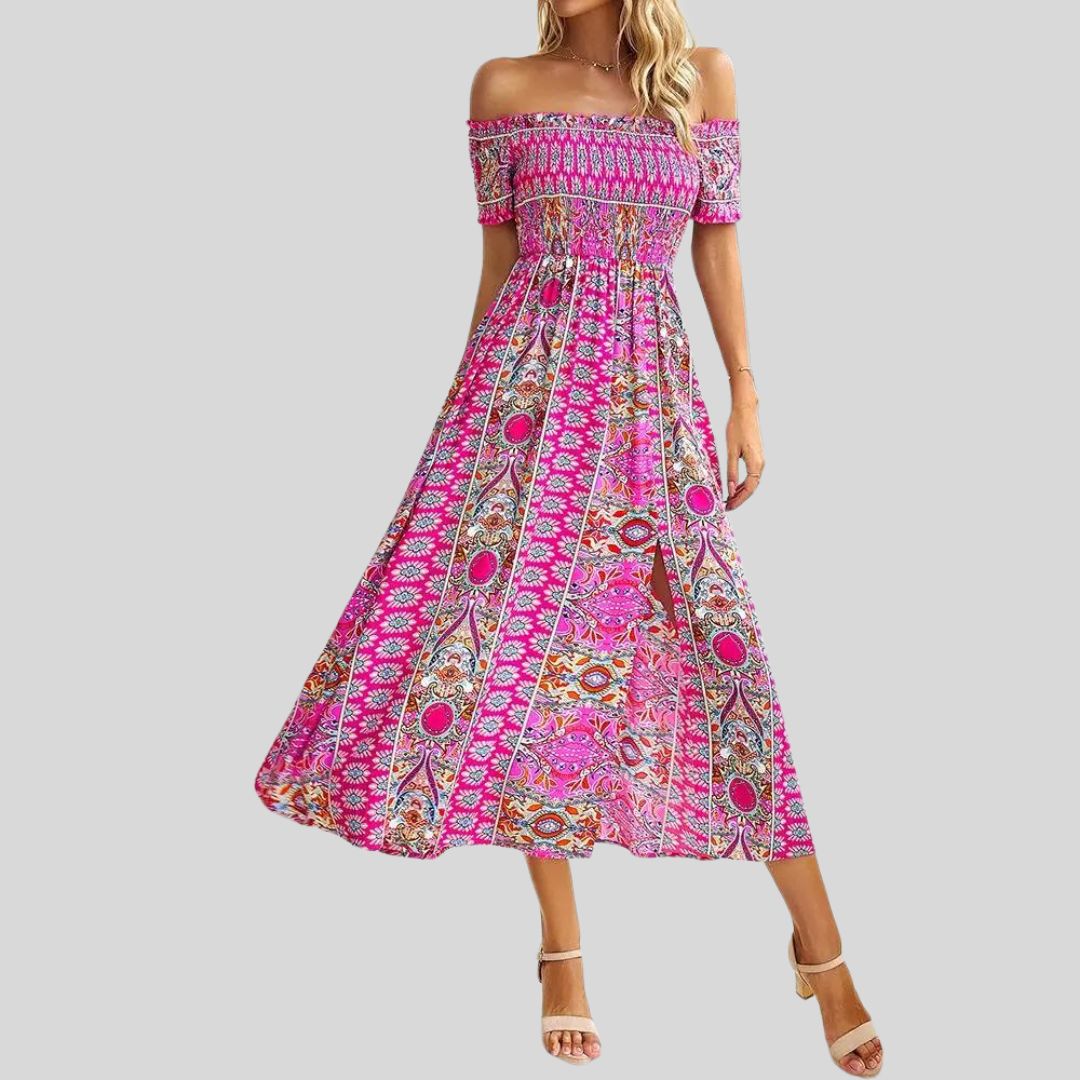 Off-the-shoulder boho maxi jurk met ruches bovenaan
