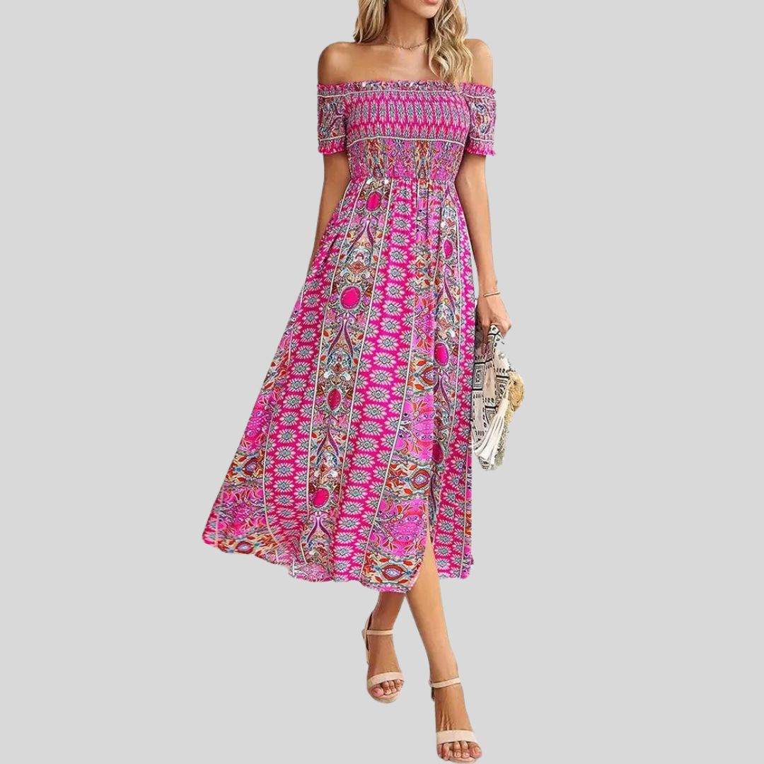 Off-the-shoulder boho maxi jurk met ruches bovenaan