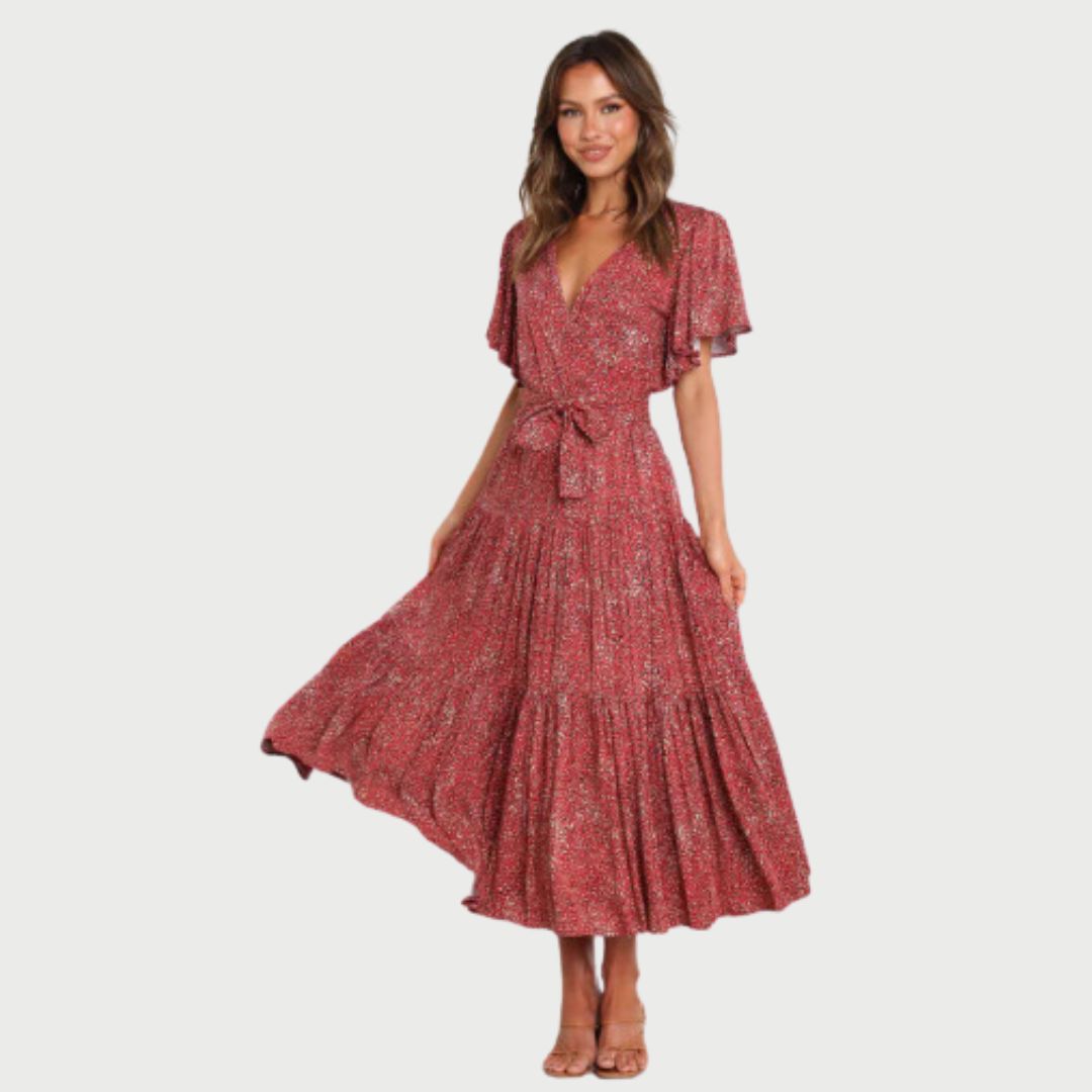 Gebloemde wikkeljurk in midilengte met fladdermouwen