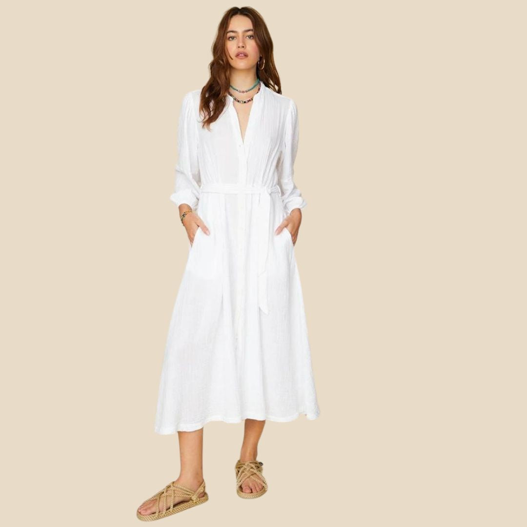 Midi-jurk van kreukstof met tailleband en ceintuur