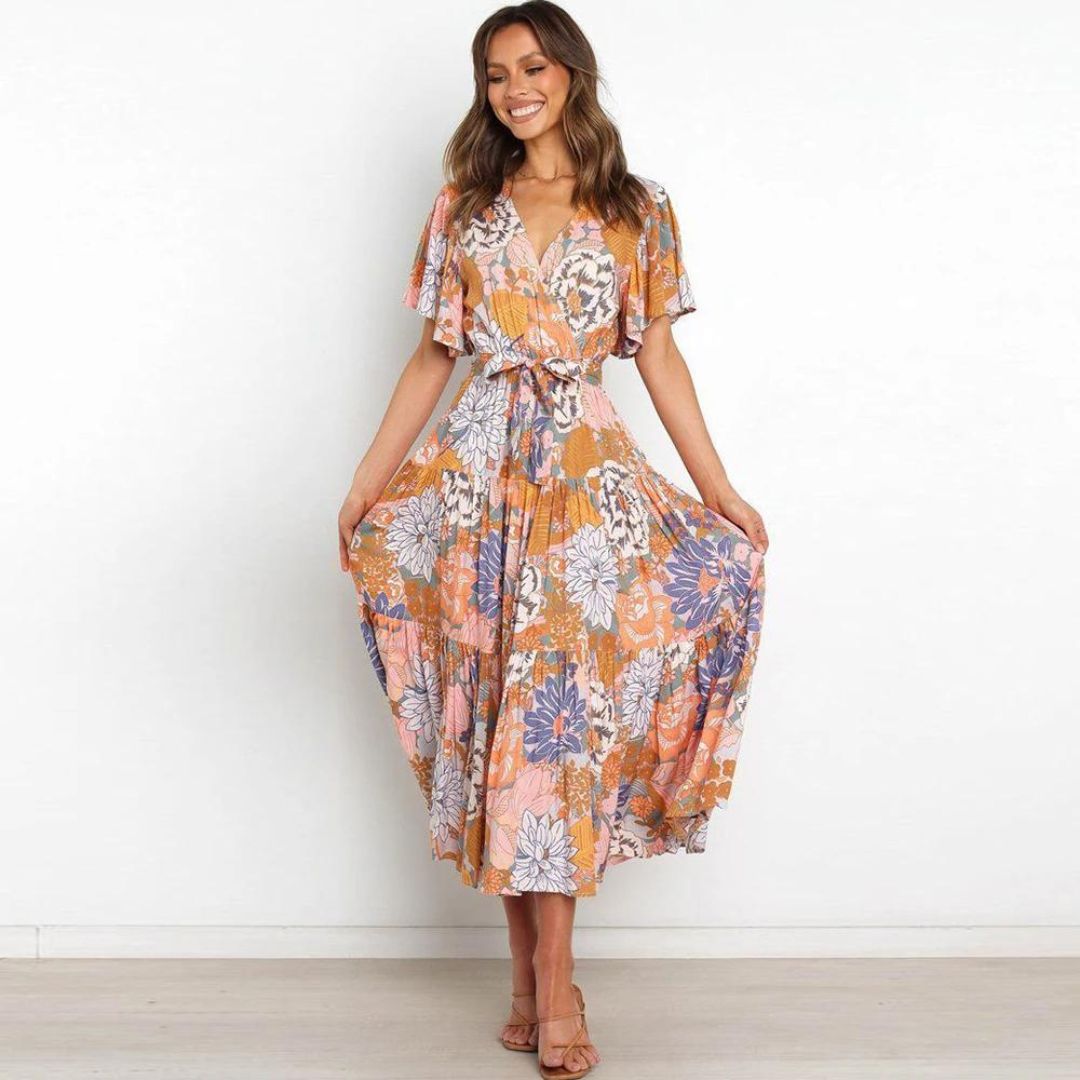 Gebloemde wikkeljurk in midilengte met fladdermouwen