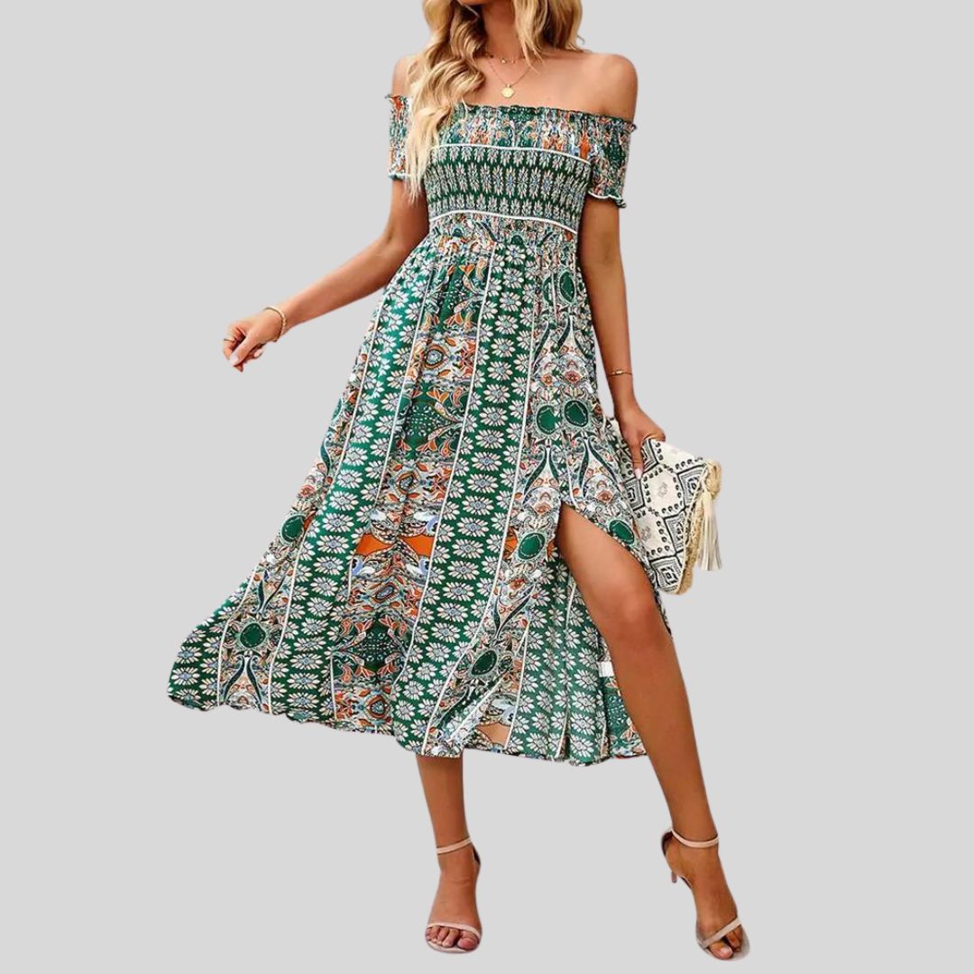 Off-the-shoulder boho maxi jurk met ruches bovenaan