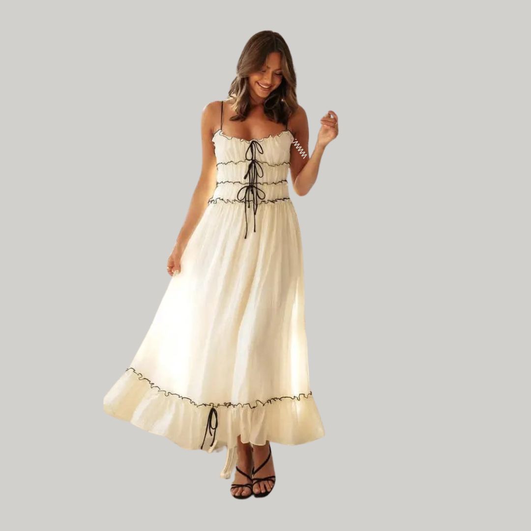Maxi-jurk met ruches bovenaan en franje onderaan