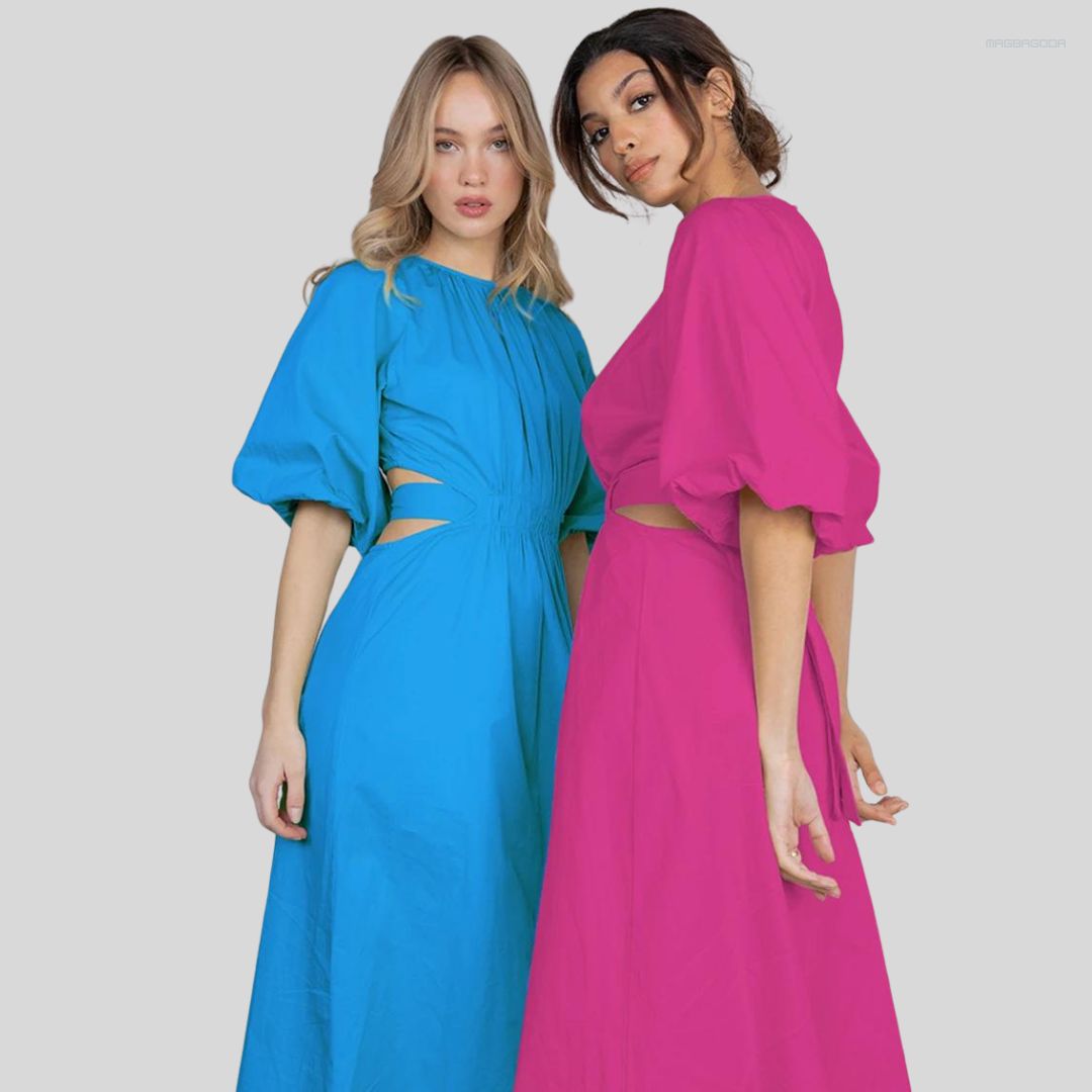 Midi-jurk met pofmouwen en gerimpelde taille