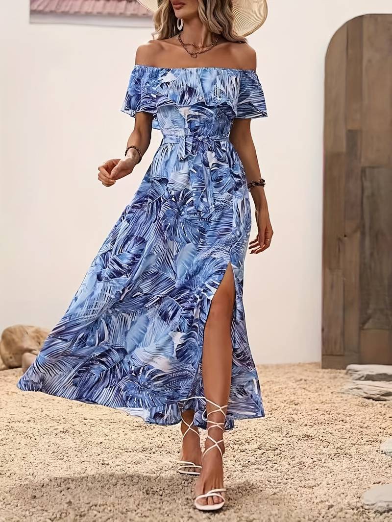 Off-the-shoulder jurk met bladprint