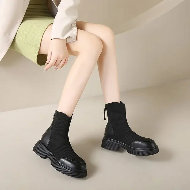 Geribbelde gebreide plateau enkellaarsjes met ritsdetail