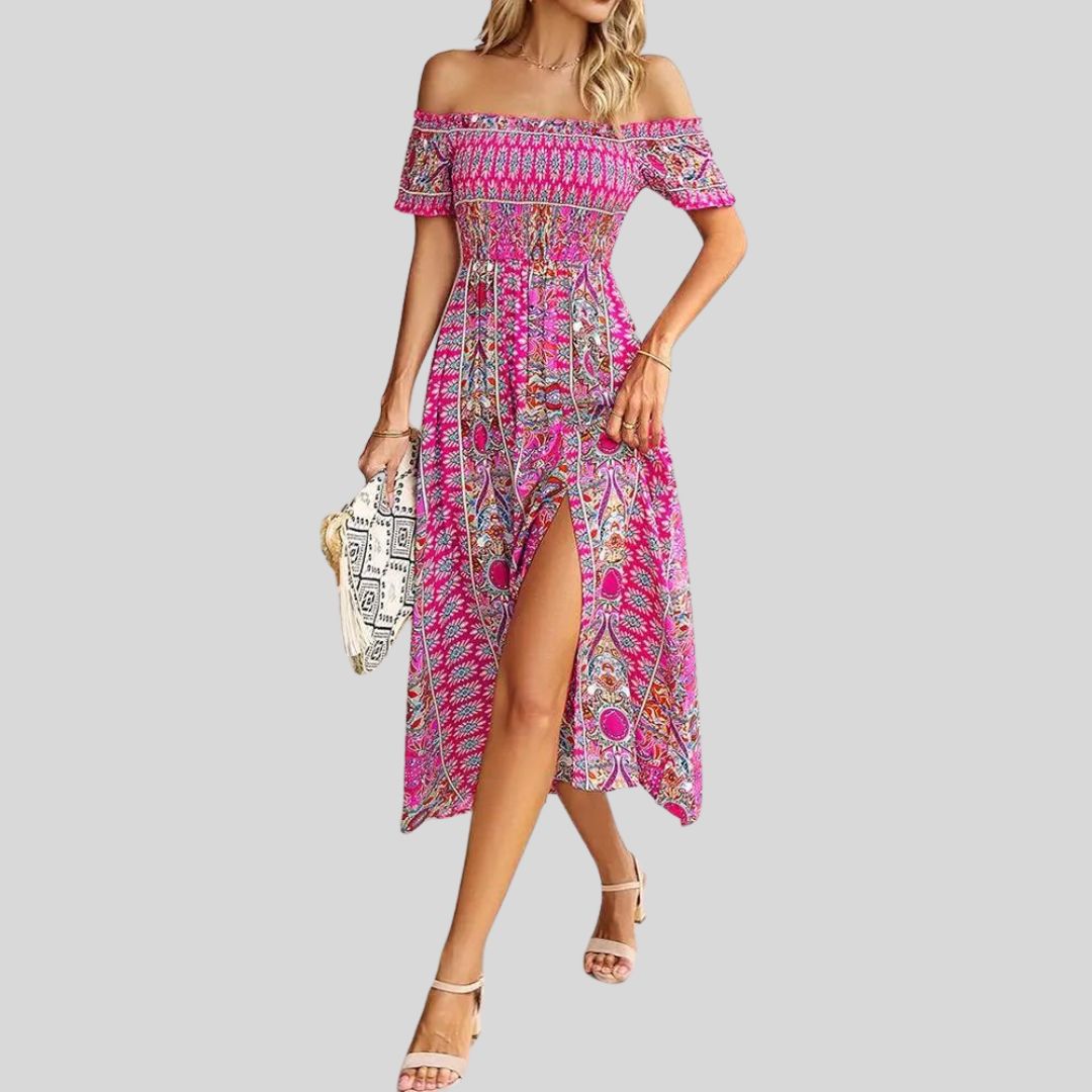 Off-the-shoulder boho maxi jurk met ruches bovenaan