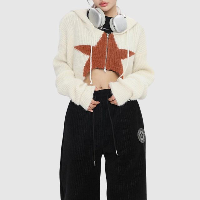 Korte gebreide hoodie met sterrenpatroon
