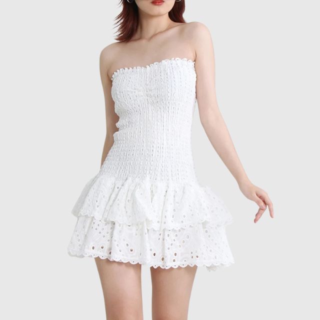 Gerimpelde bandeau minijurk met blauw paisleypatroon