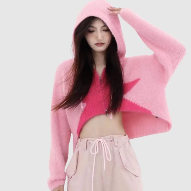 Korte gebreide hoodie met sterrenpatroon