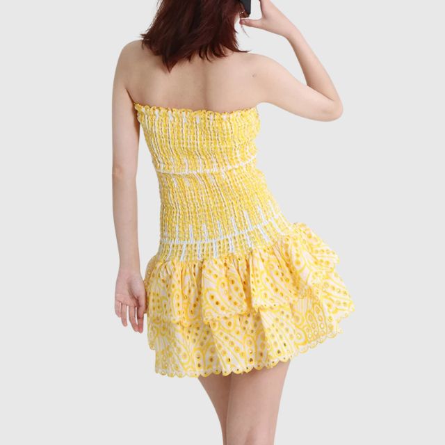 Gerimpelde bandeau minijurk met blauw paisleypatroon