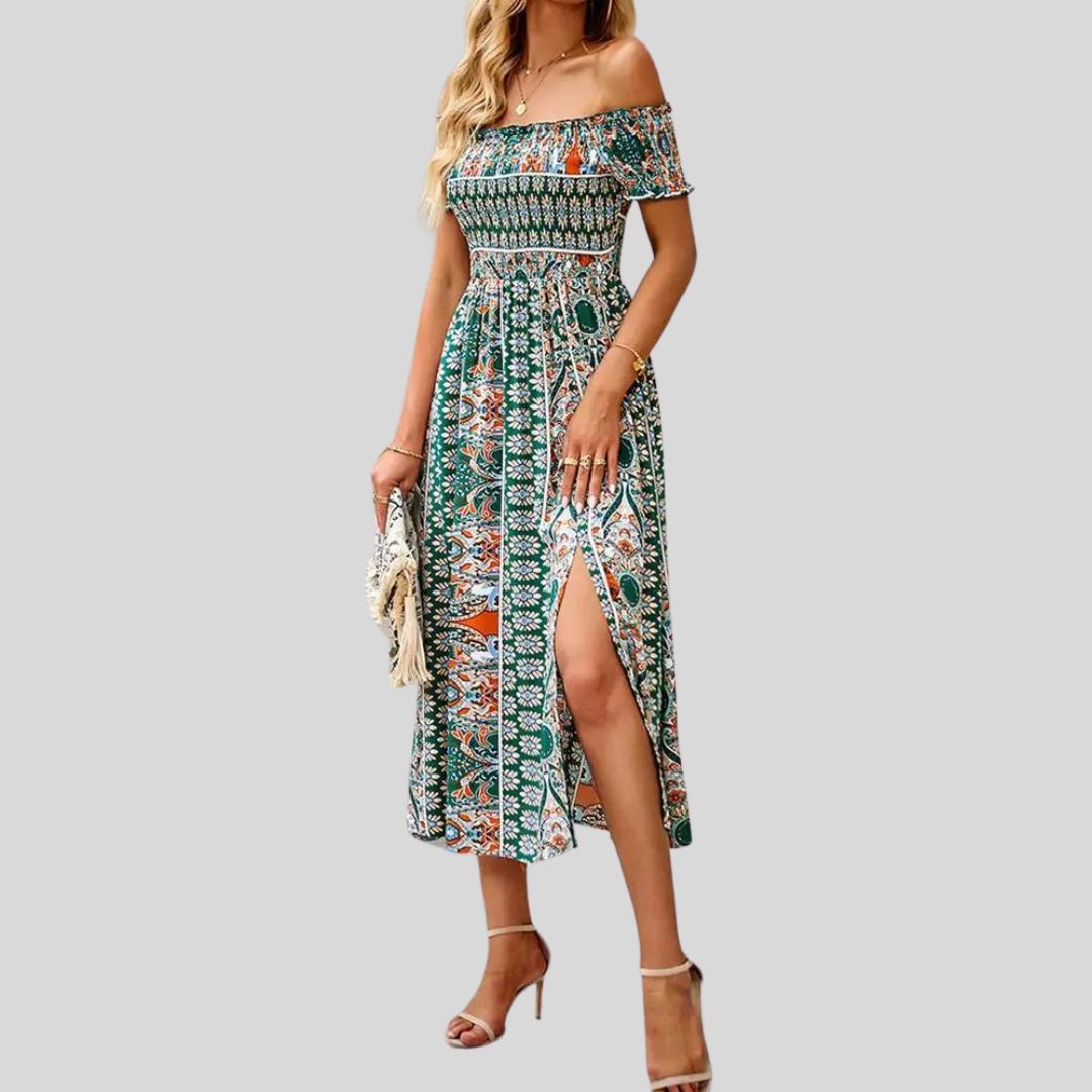 Off-the-shoulder boho maxi jurk met ruches bovenaan