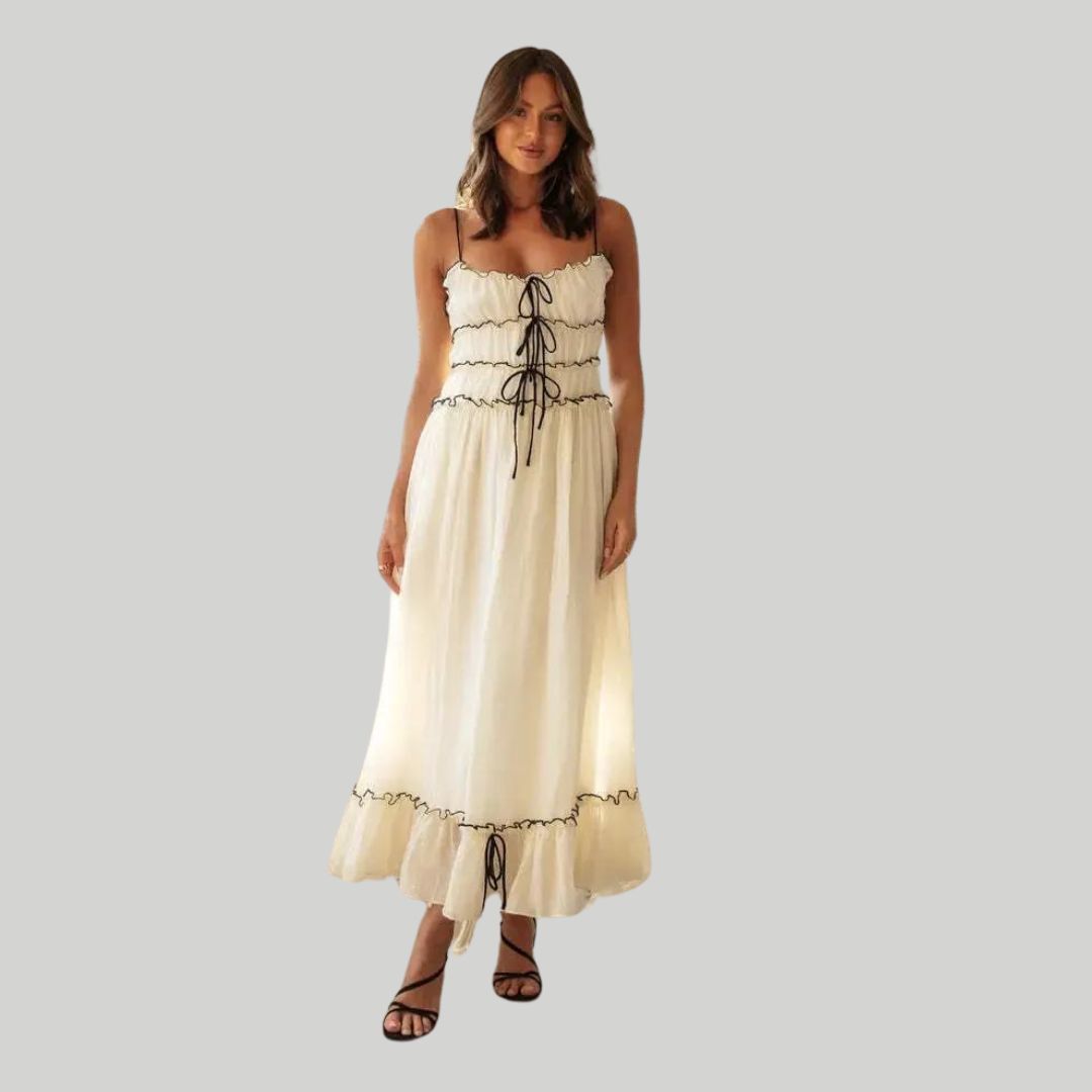 Maxi-jurk met ruches bovenaan en franje onderaan