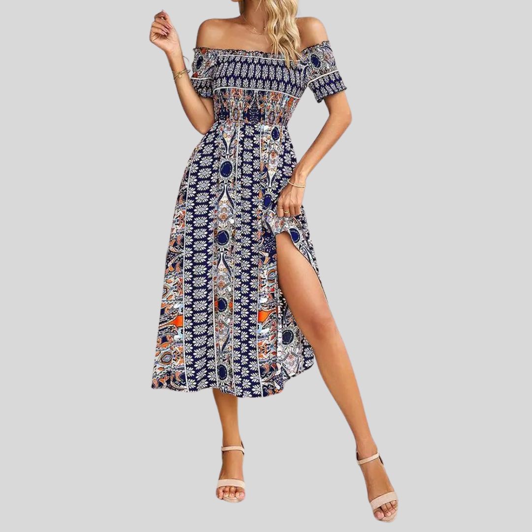 Off-the-shoulder boho maxi jurk met ruches bovenaan