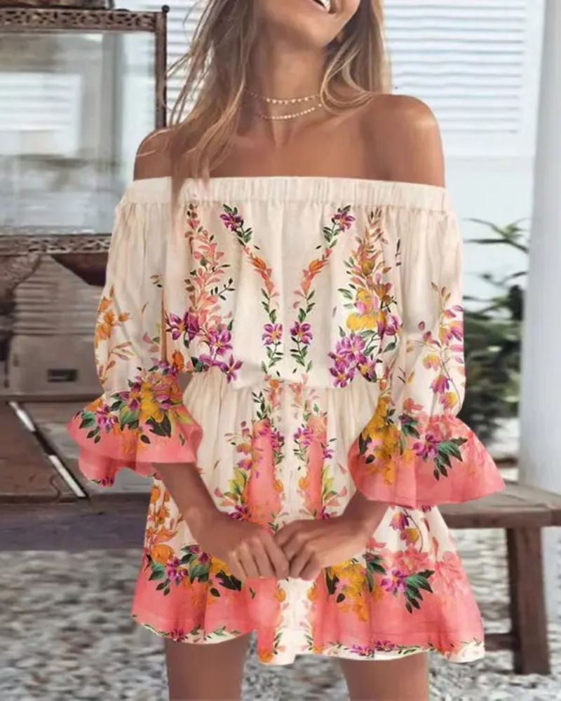 Off-the-shoulder jurk met boho bladprint