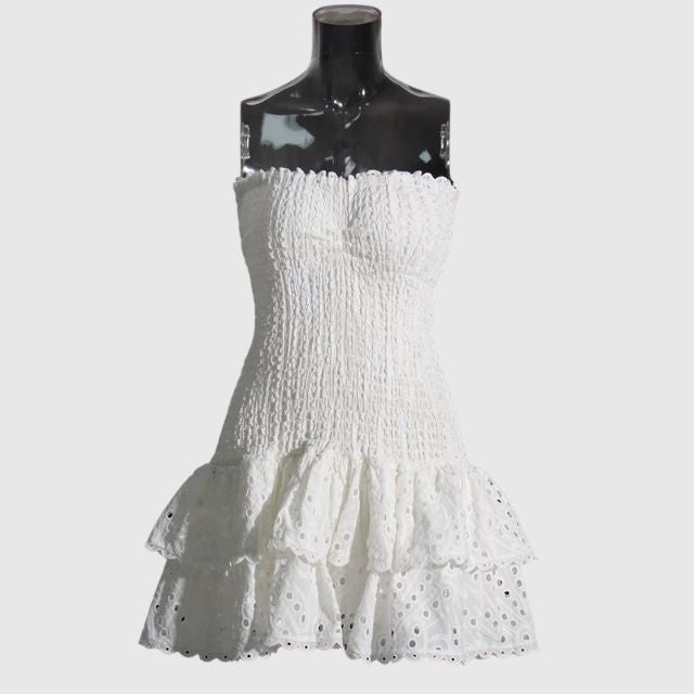 Gerimpelde bandeau minijurk met blauw paisleypatroon