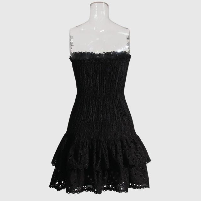 Gerimpelde bandeau minijurk met blauw paisleypatroon