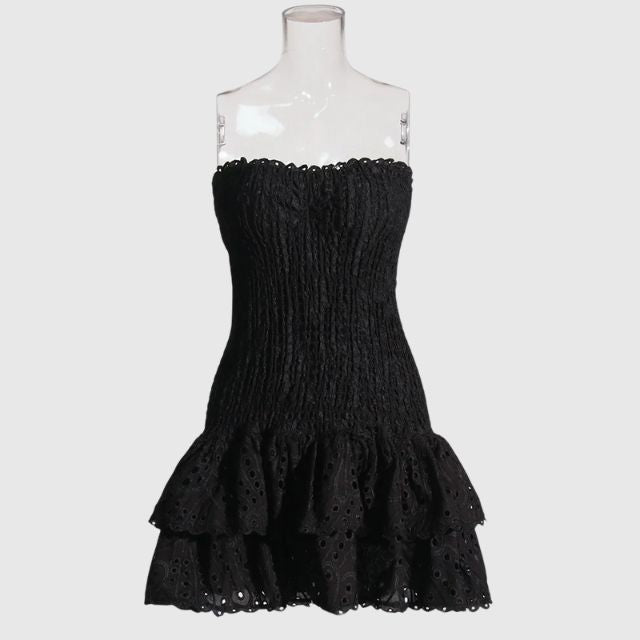 Gerimpelde bandeau minijurk met blauw paisleypatroon