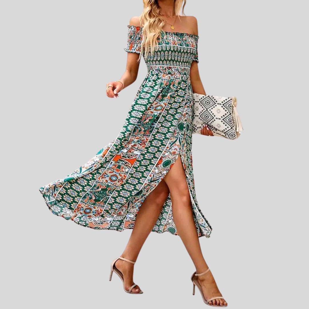 Off-the-shoulder boho maxi jurk met ruches bovenaan