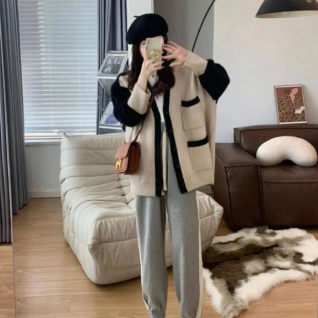 Oversized gebreid vest met contrasterende manchetten