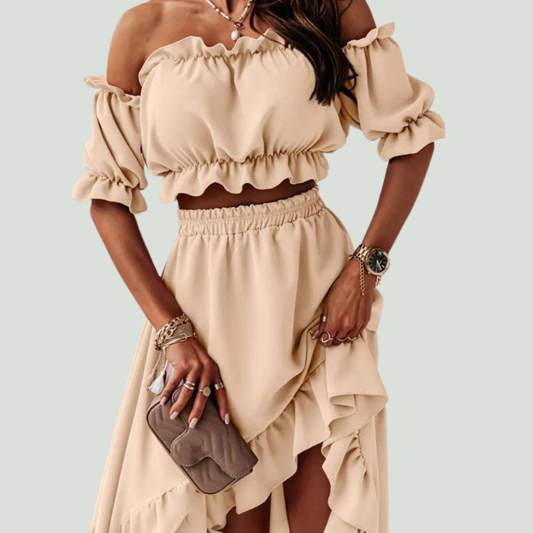 Off-the-shoulder jurk met ruches en hoog-laag zoom
