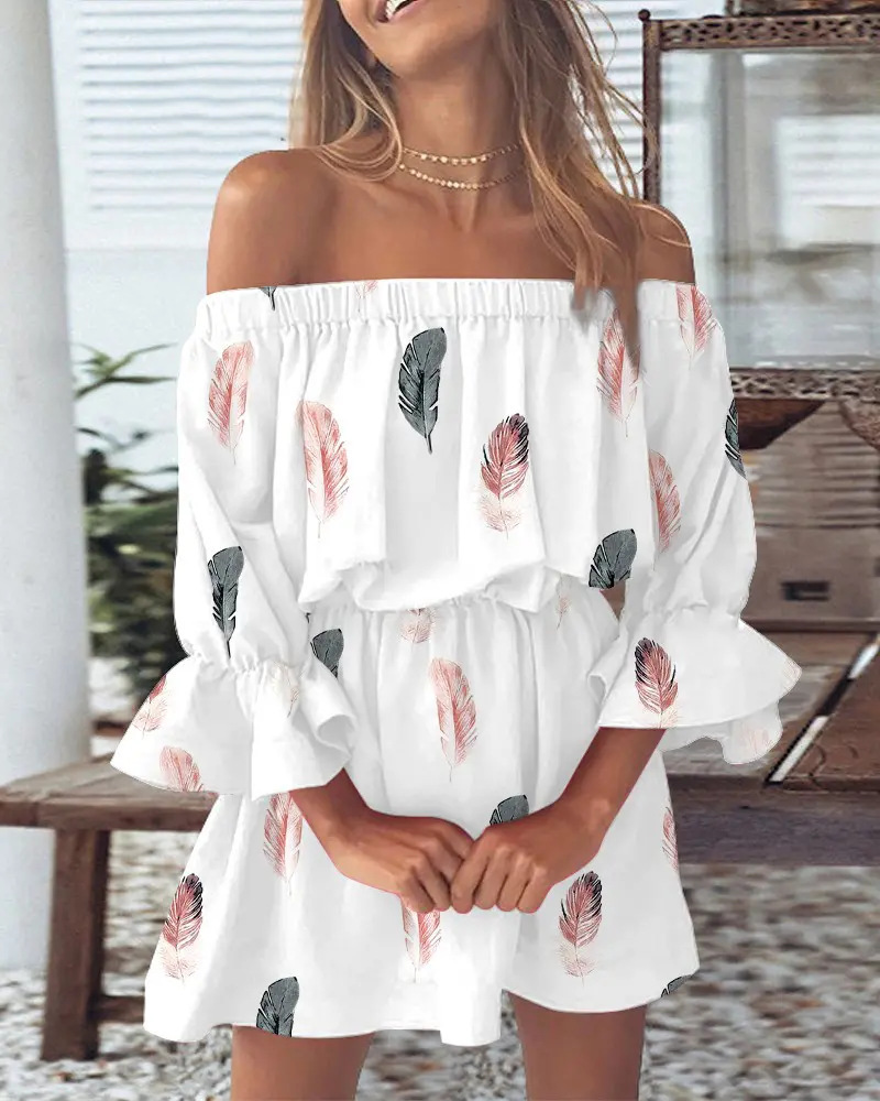 Off-the-shoulder jurk met boho bladprint