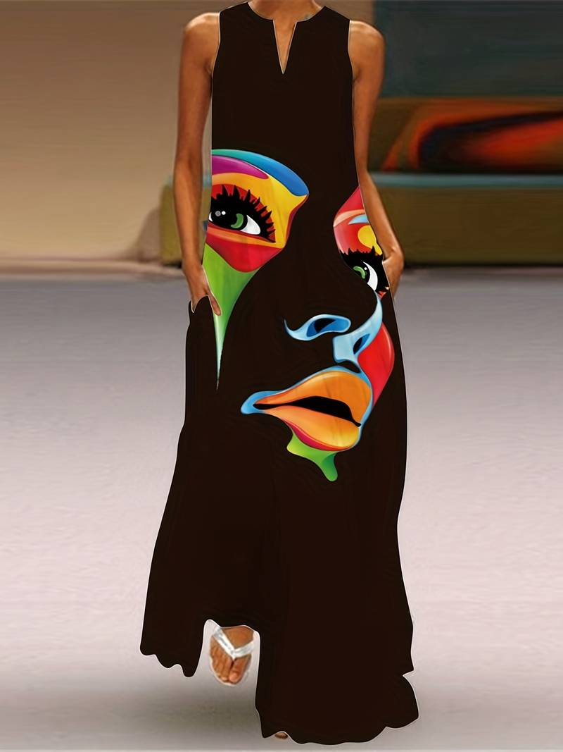 Maxi-jurk met abstracte gezichtsbedrukking