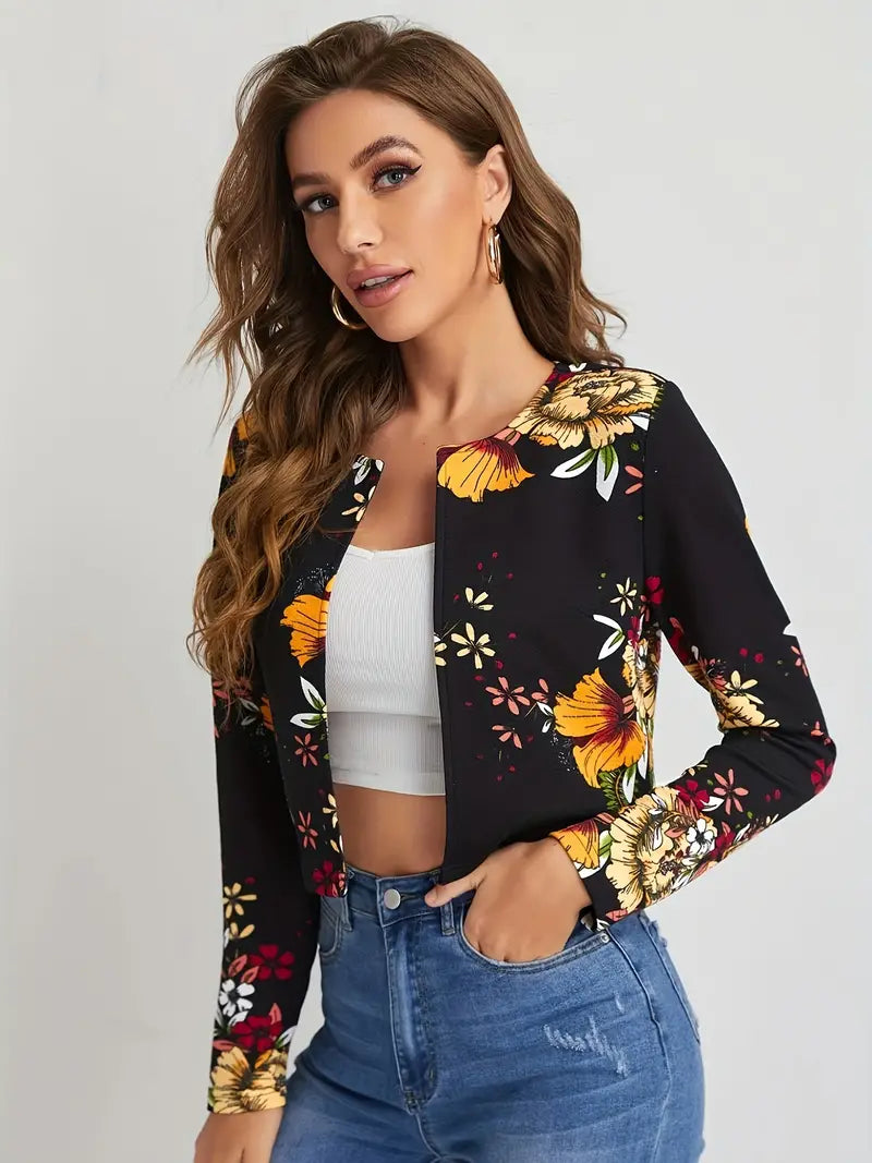 Elegante, eenvoudige blazer met open voorkant en bloemen