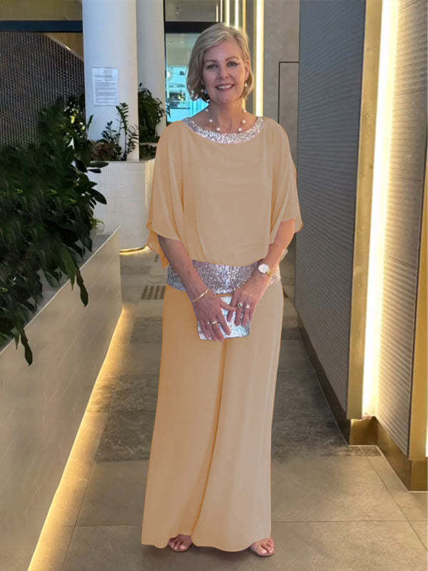 Elegante tweedelige set met pailletten en kleurrijke blokken