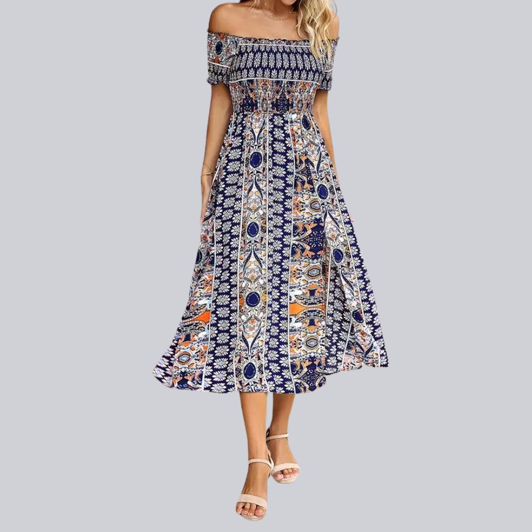Off-the-shoulder boho maxi jurk met ruches bovenaan