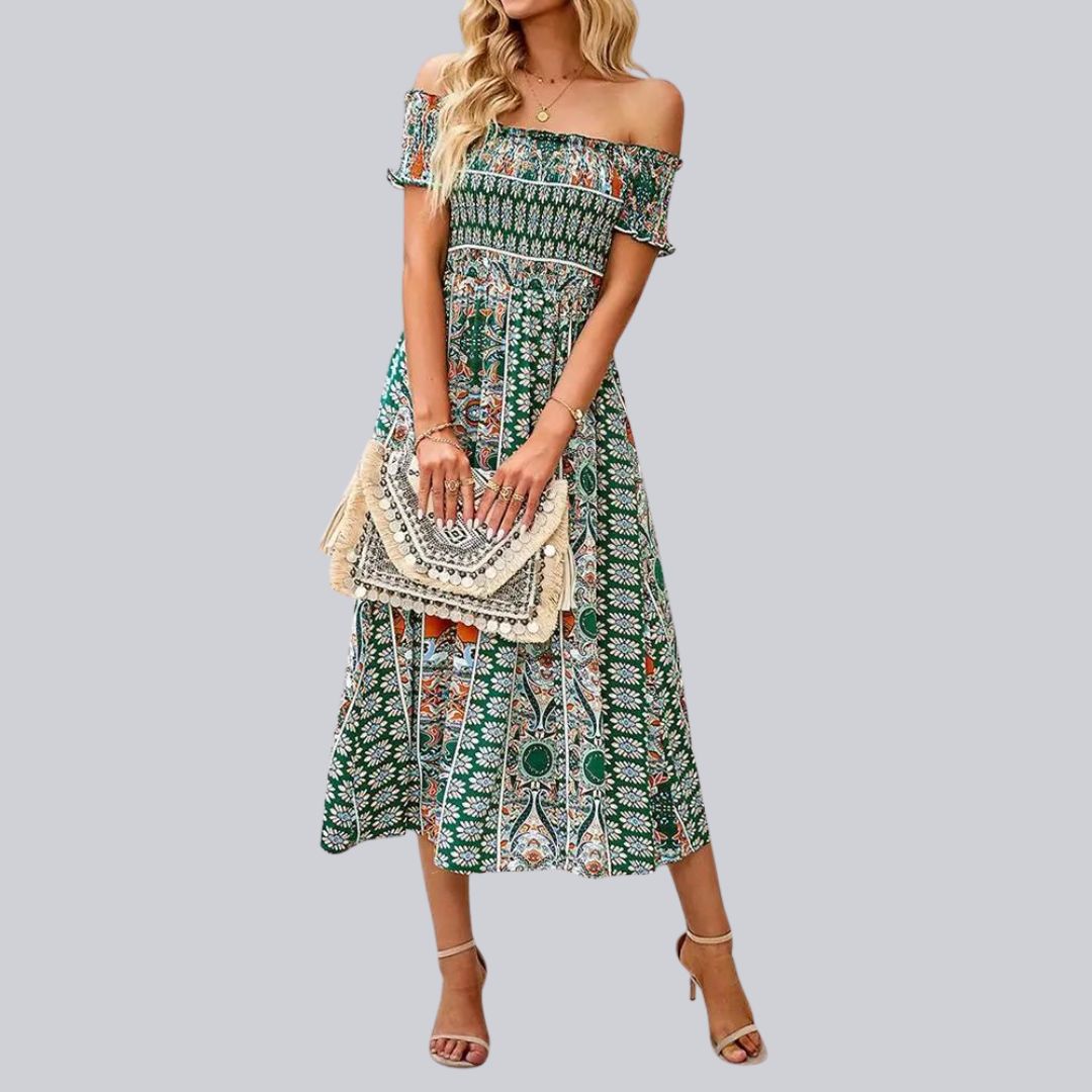 Off-the-shoulder boho maxi jurk met ruches bovenaan