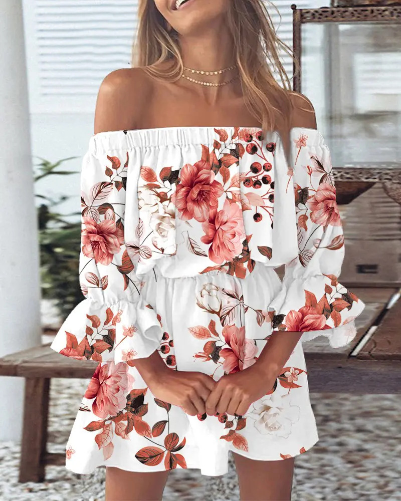 Off-the-shoulder jurk met boho bladprint