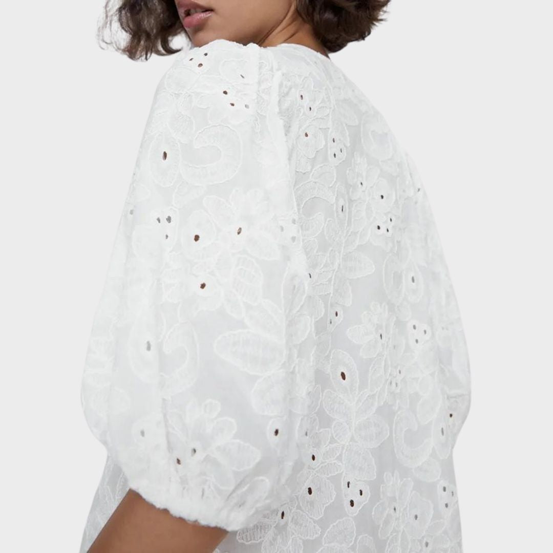 Midi-jurk met eyeletborduursel en pofmouwen