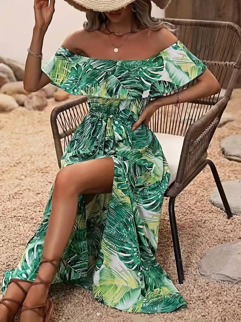Off-the-shoulder jurk met bladprint