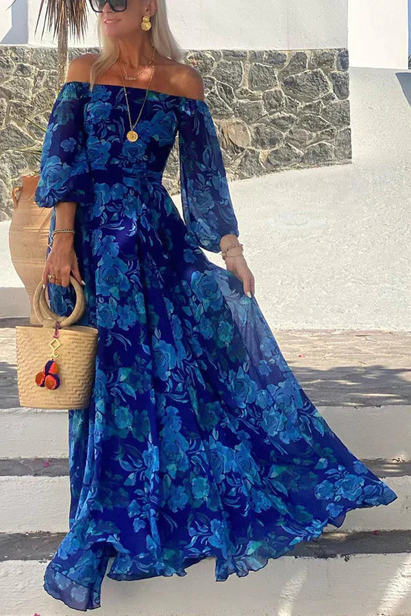 Off-the-shoulder maxi-jurk met gesmokte rug
