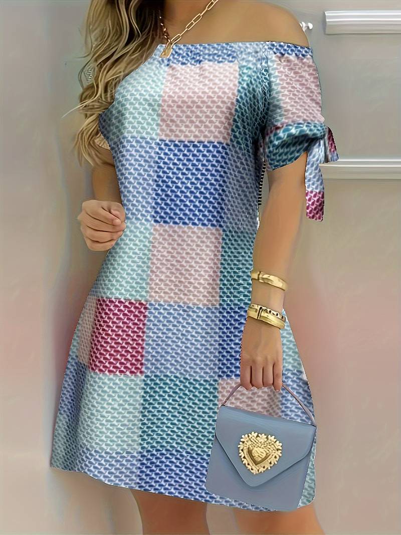 Off-the-shoulder jurk met kleurblokpatroon