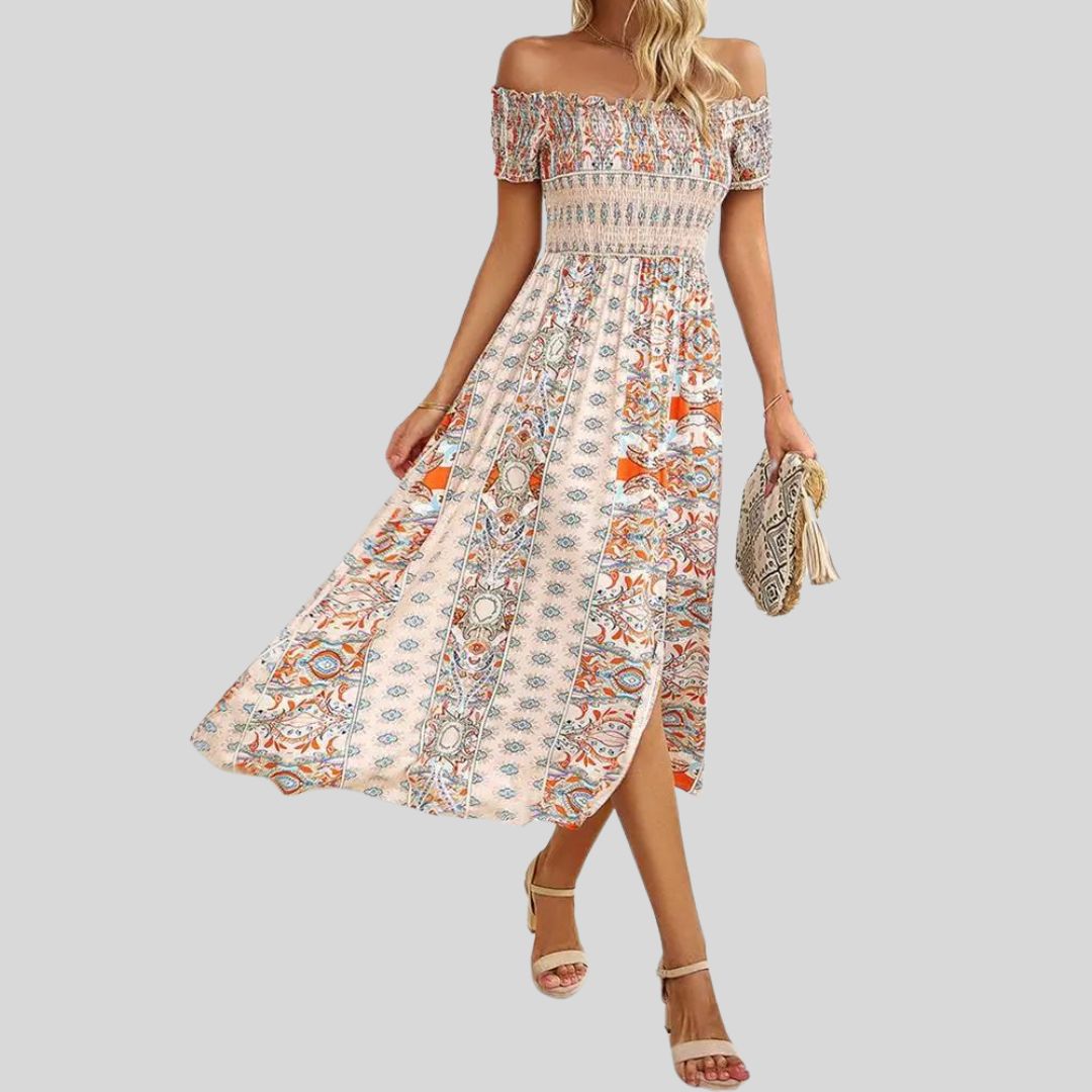 Off-the-shoulder boho maxi jurk met ruches bovenaan